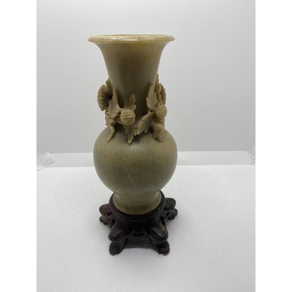 Vintage Asian 8.5” Tall Chinese Carved Flowers Soapstone Vase Figurine Statue